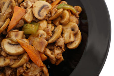 中国食物。 猪肉配蘑菇和蔬菜