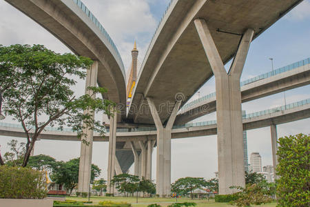 普密蓬桥或工业环线桥是混凝土公路立交桥，跨越泰国赵法雅河。