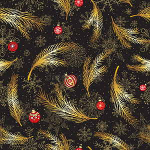手绘杉木树枝和雪花无缝图案。 冬季圣诞节插图。 新年背景。