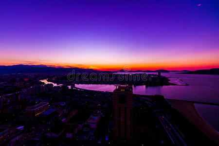 福冈 日落 建筑 夏天 场景 美丽的 黄昏 傍晚 天空 沿海