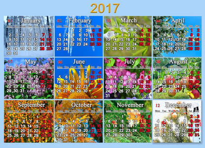 2017年英文日历，有12张自然照片