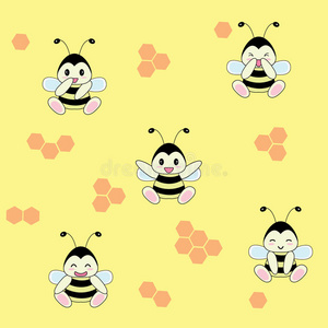 图标框架与卡通蜜蜂可爱的蜜蜂卡通人物与礼物和蛋糕抽象花草无缝图案