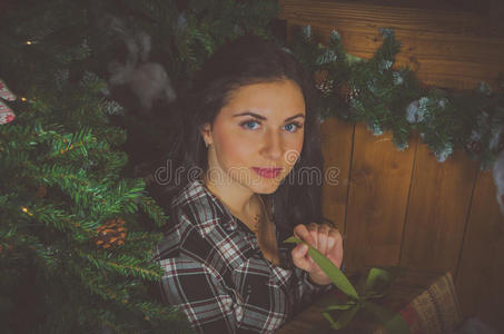 喜庆 近的 美丽的 女孩 圣诞节 房子 假日 服装 在室内