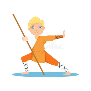 武术班单页男孩穿着少林和尚橙色衣服,拿着一根杆子在空手道武术运动