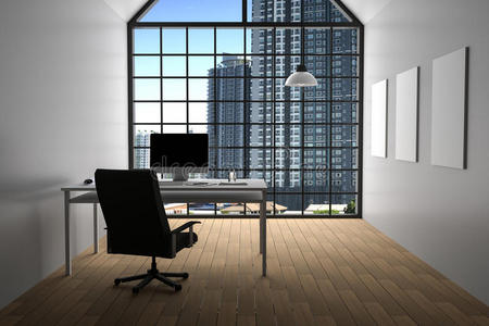 三维渲染用PC电脑键盘相机灯说明创意设计师桌面的现代室内白色办公室