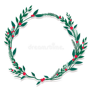 圣诞花环绿色白色插图设计。