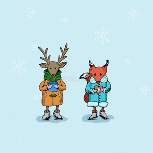 可爱的鹿和狐狸角色，用爪子在雪花上送礼物