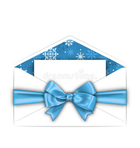 寒假用贺卡和蓝色蝴蝶结丝带的信封