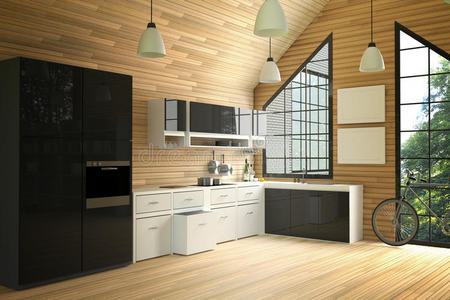 三维渲染现代阁楼内部厨房房间的插图。厨房部分的房子。黑白架子。木瓦
