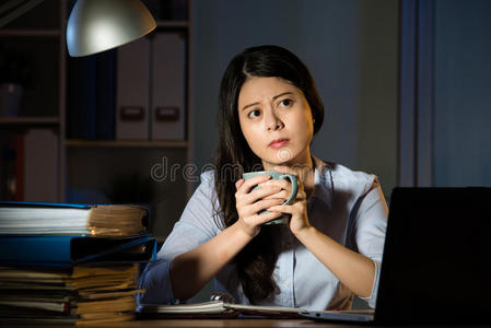 亚洲商界女性喝咖啡加班到深夜