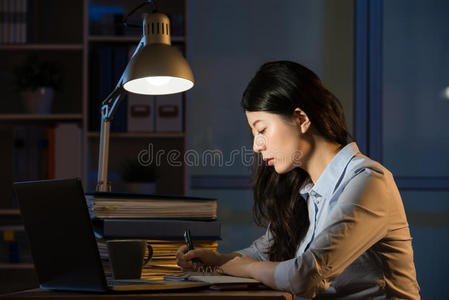 亚洲商务女性使用笔记本电脑加班到深夜