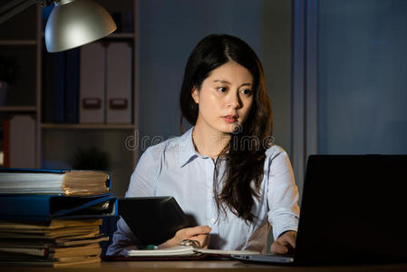 亚洲商界女性使用数字平板电脑加班