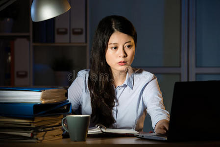 亚洲商界女性在办公室加班到深夜照片