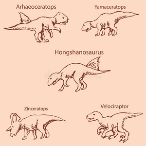 有名字的恐龙。 铅笔素描用手。 复古的颜色。 矢量