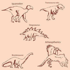 有名字的恐龙。 铅笔素描用手。 复古的颜色。 矢量