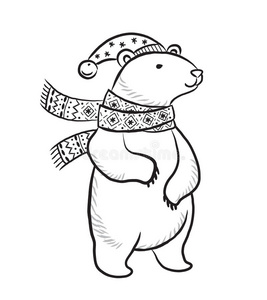 手绘轮廓打印与北极熊在冬季围巾和帽子照片