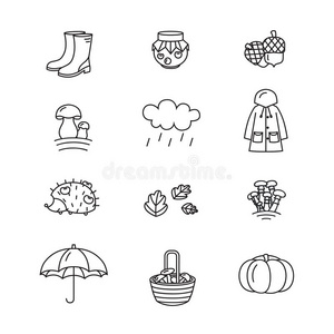 大集合的线性图标与不同的秋季和秋季符号。 衣服，果酱，天气，蘑菇，收获等。