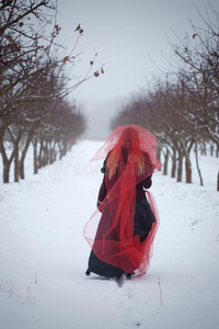 冬天在雪地上戴着红色面纱的女孩