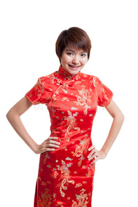 穿中国旗袍的亚洲女孩。