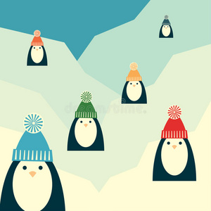 插图 自然 风景 可爱的 字符 最小值 企鹅 公司 编织