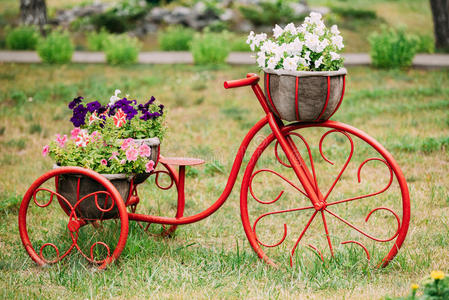 花卉的自行车装饰复古模型旧自行车在花卉花园照片
