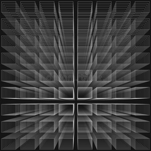黑色抽象无限背景，三维结构与白色矩形形成深度和视角的错觉