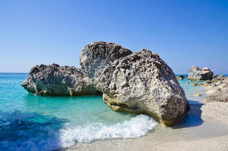 全景图 希腊语 莱夫卡斯 海岸 好的 佩特拉 美丽的 海滩