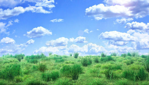 蓝天下的绿色田野和云彩。