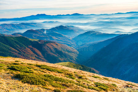 小山 环境 秋天 公司 薄雾 季节 颜色 风景 照明 全景