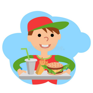 男孩拿着一盘食物。 在白色背景上分离的矢量插图。