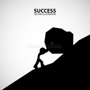 商人推着一块巨大的石头上山. 轮廓图形设计. 成功的概念.照片