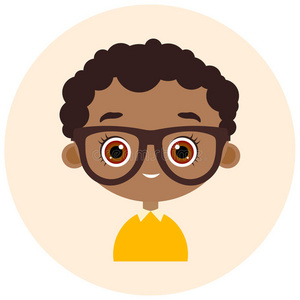头像在圆圈里。 戴眼镜的非裔美国男孩肖像。 矢量插图EPS10平卡通风格。