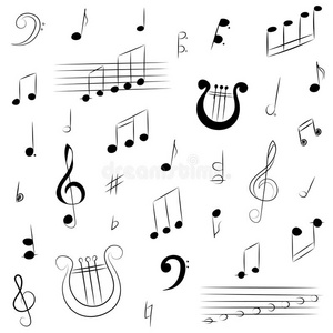 手绘的音乐符号集。 嘟嘟高音，低音，音符和琴。