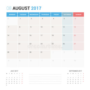 2017年8月日历规划师矢量设计模板固定。