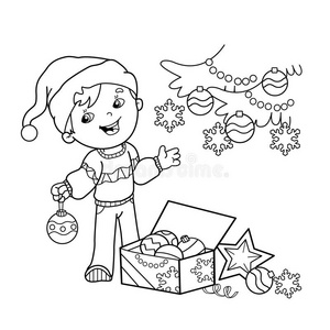 卡通男孩用装饰品和礼物装饰圣诞树的着色页面轮廓。 圣诞节。 新年。 着色书