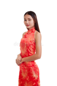 穿中国旗袍的亚洲女孩。