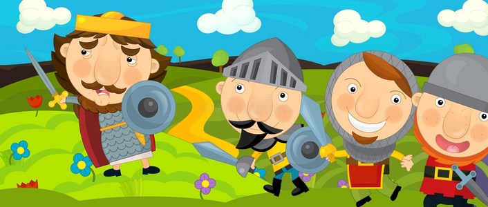 卡通中世纪场景-有三个骑士和国王照片