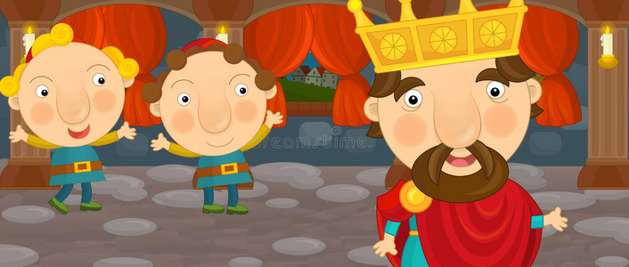 卡通场景与骑士或国王与他的仆人交谈照片