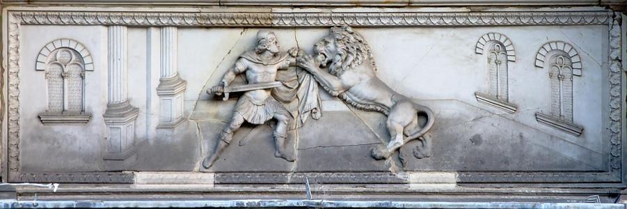 希腊罗马搏斗罗马战士与狮子搏斗的浮雕照片