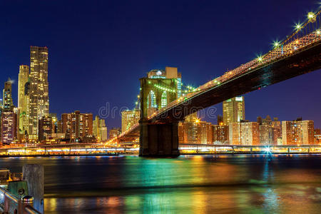 布鲁克林桥在黄昏从纽约市的公园看。