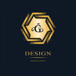 几何字母标志。 摘要模板在流行的单行风格。 金色字母徽章G.单色徽章时髦。 最小的DES