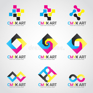 CMYK艺术标志矢量集设计青色和洋红，黄色和钥匙黑色
