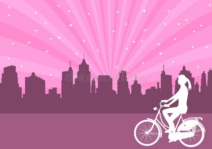 女孩骑自行车在抽象的城市背景矢量