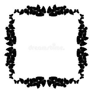 蝴蝶框架。方形图案，边框。白色的黑色蝴蝶的花环。
