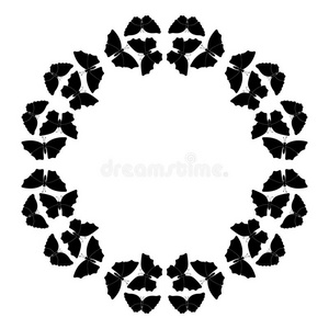 蝴蝶框架。 圆形图案，边框。 白色的黑色蝴蝶的花环。