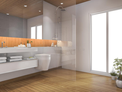 三维渲染木材浴室和厕所附近的窗户