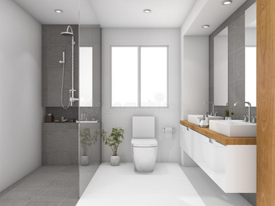 三维渲染最小的木材和石头白色浴室