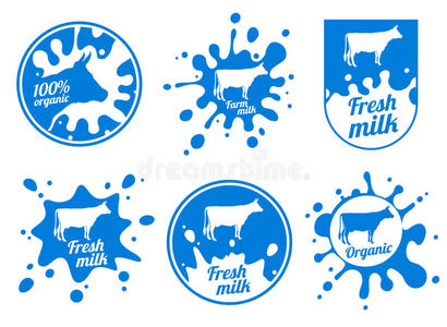 乳制品复古矢量标志，牛奶徽章，奶酪包装标签与农场动物