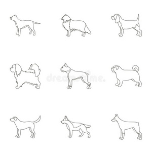 狗品种设置图标的轮廓风格。 大集合狗品种矢量符号股票插图