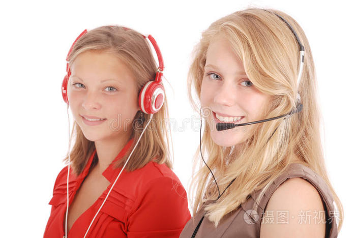 漂亮的客户服务操作员学生女孩带耳机